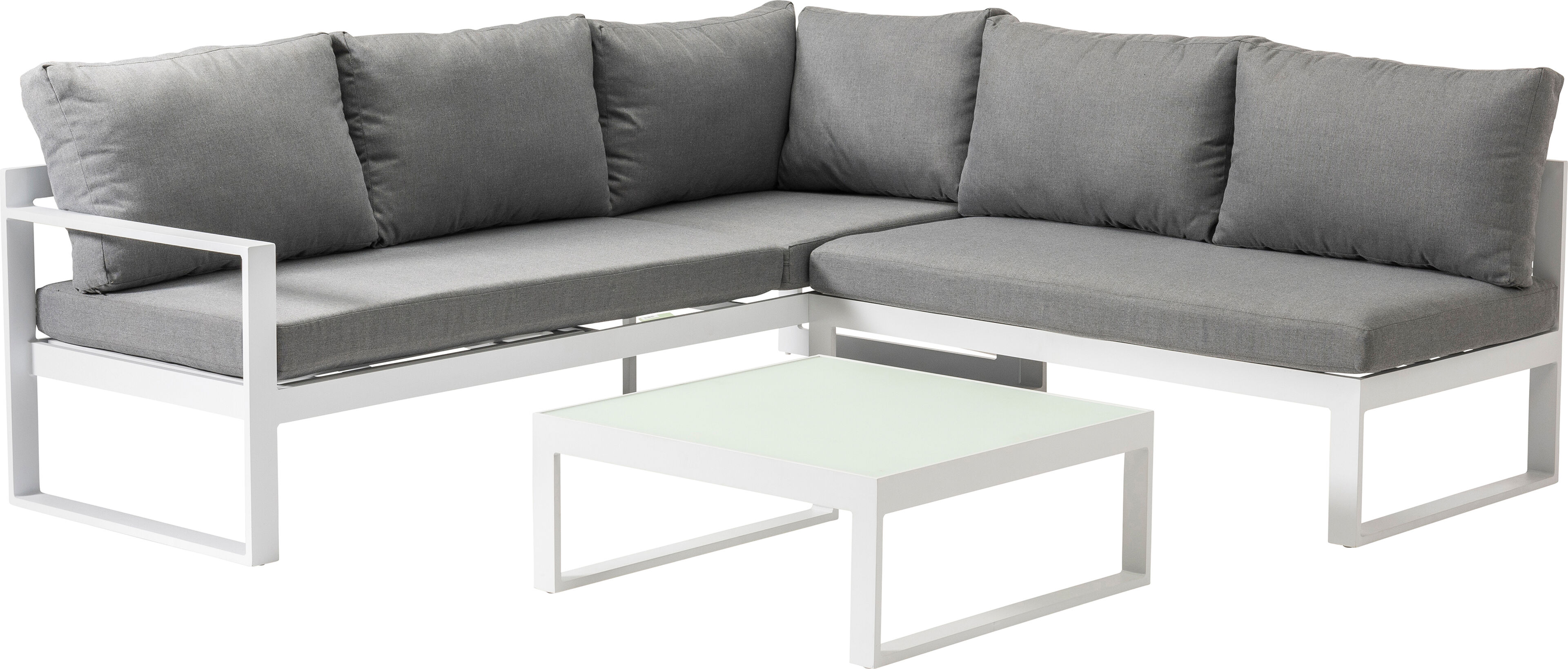 Caldela loungehoek in wit aluminium met grijs polyester kussens en loungetafel