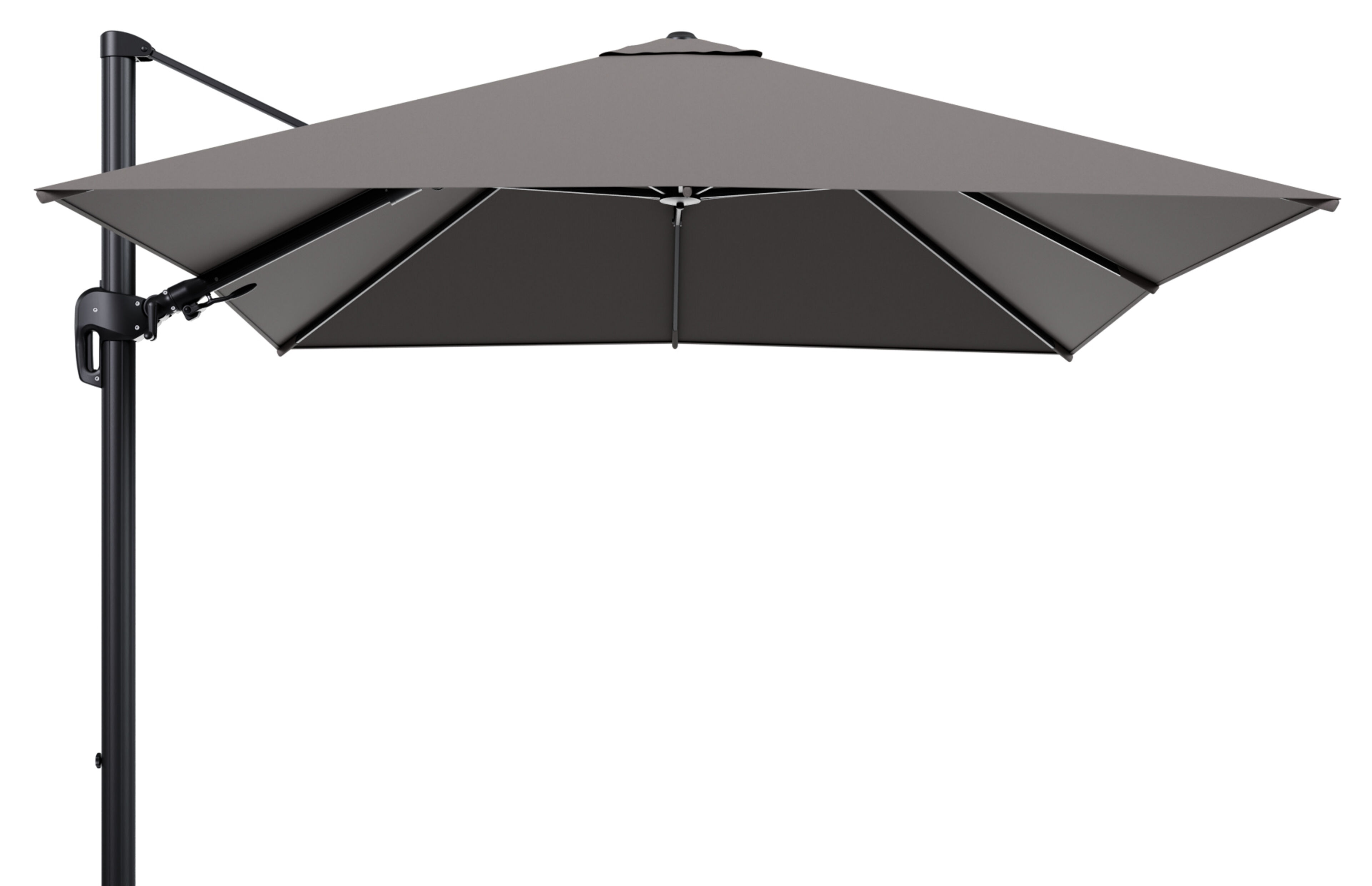 Rufina zweefparasol tiltfunctie in zwart aluminium en parasoldoek in All Weather Sunbrella® Luxe Natte Nature Grey - L1 300 x L2 300 cm (zonder voet)