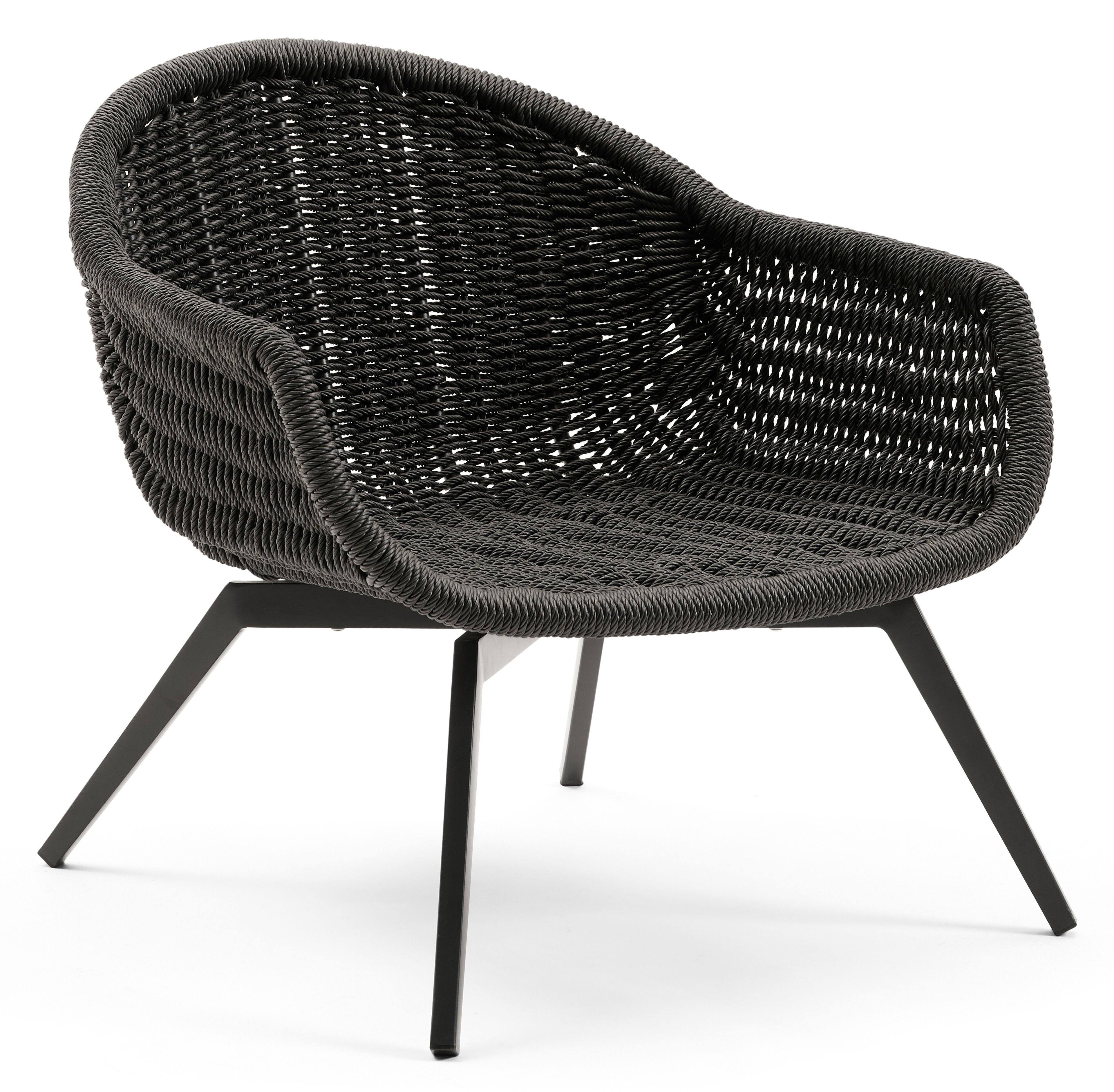 Pagino loungestoel in zwart aluminium en zwart gedraaide ronde wicker