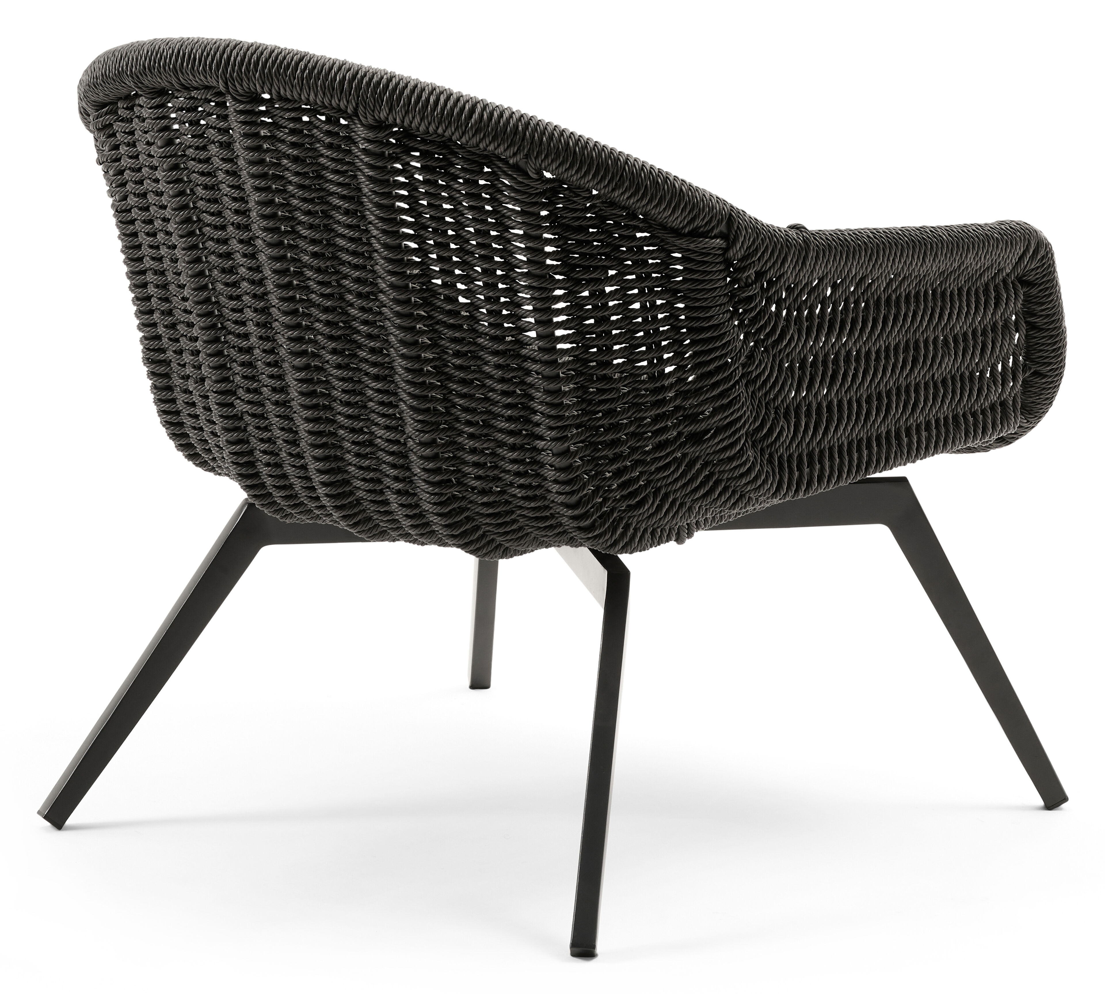Pagino loungestoel in zwart aluminium en zwart gedraaide ronde wicker