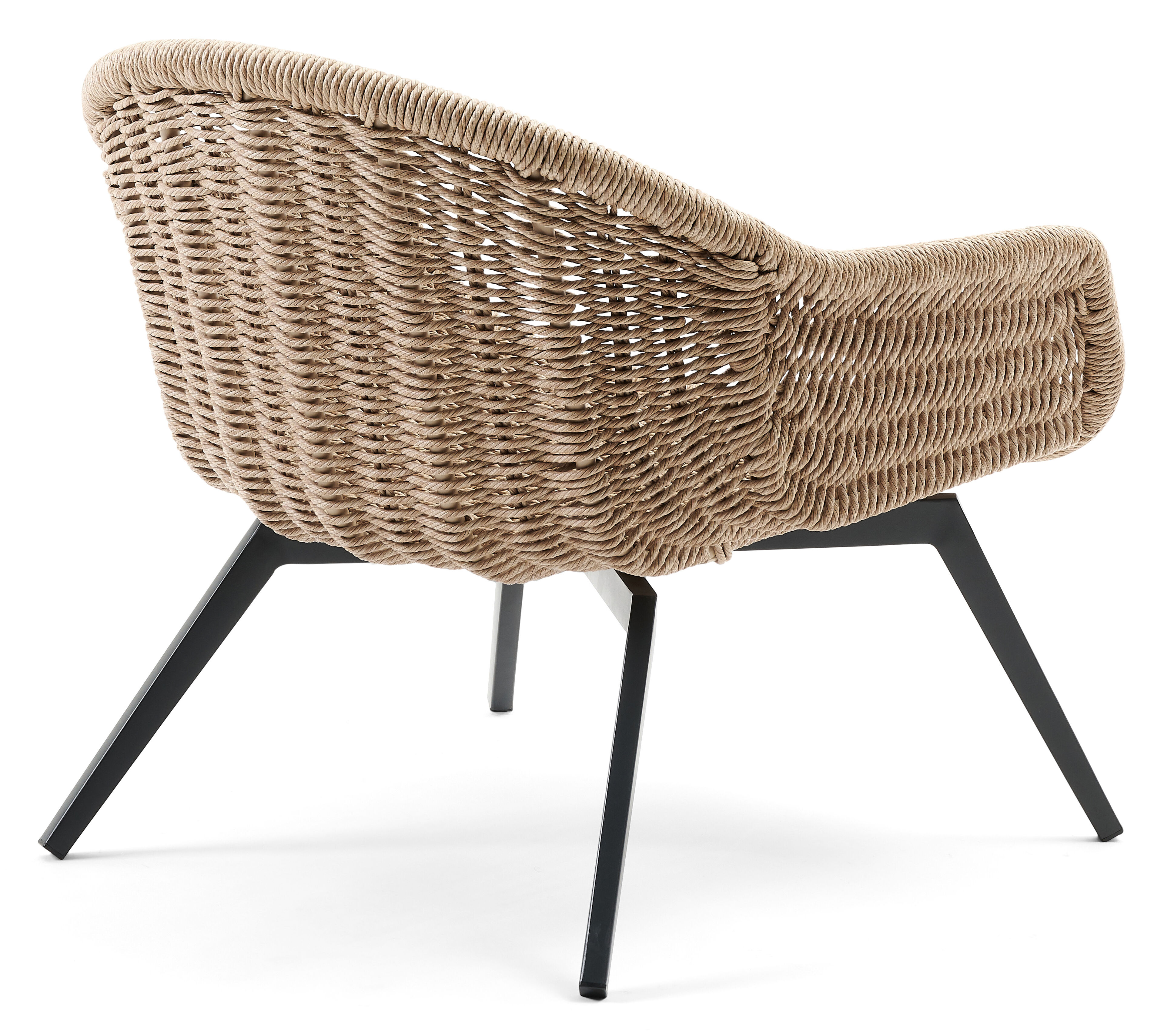 Pagino loungestoel in zwart aluminium en naturel gedraaide ronde wicker