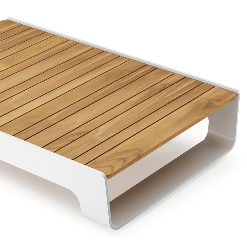 Table basse Atessa en aluminium blanc et teck - Lg. 118 x Lrg. 70 x Haut. 30 cm