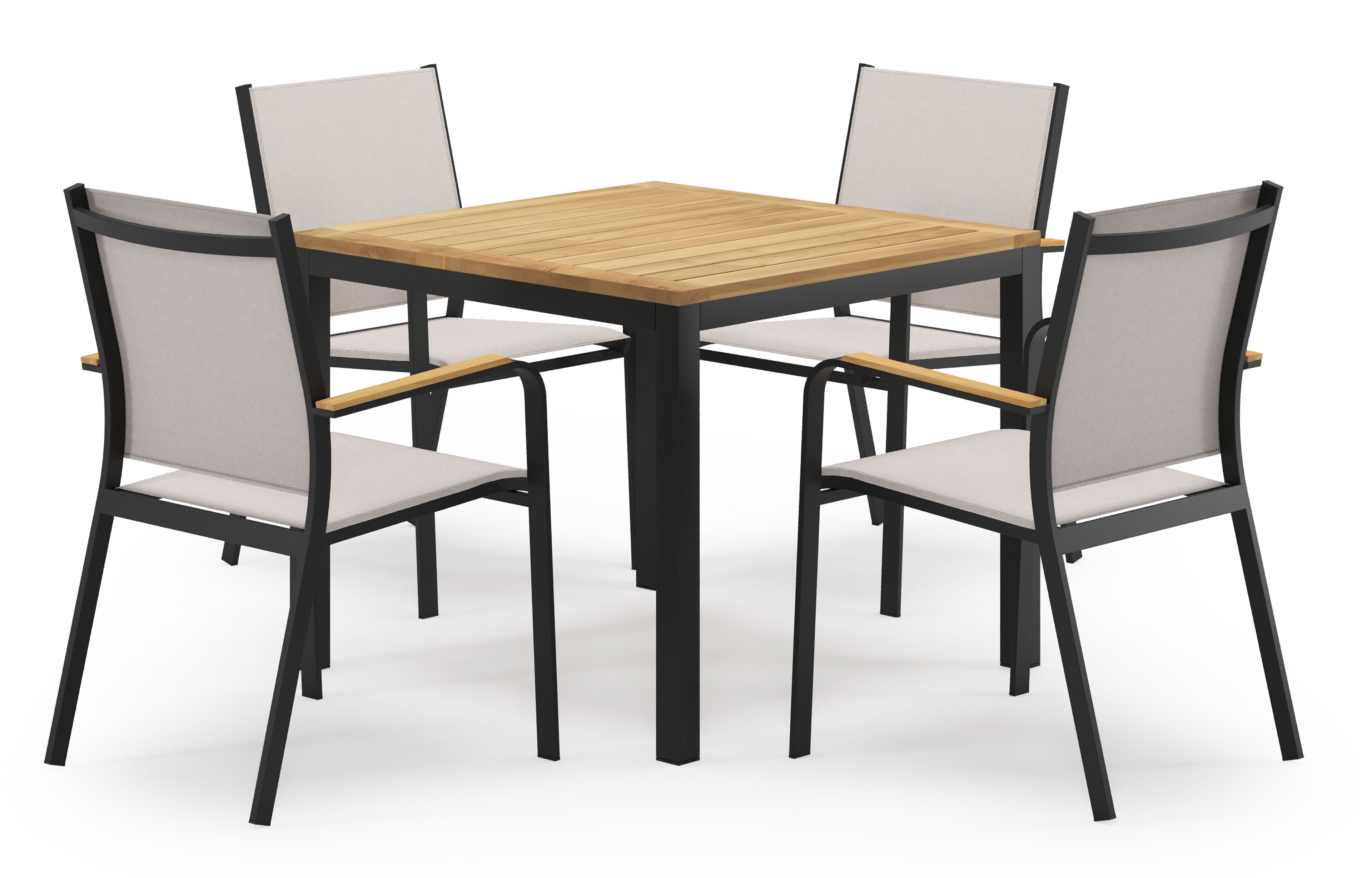 Feltro vierkante tuinset in zwart aluminium en teak natural finish met 4 Amalfi tuinstoelen