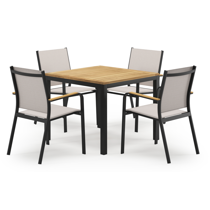 Feltro vierkante tuinset in zwart aluminium en teak natural finish met 4 Amalfi tuinstoelen