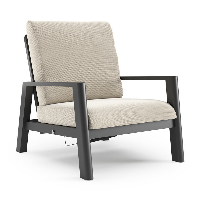 Fauteuil de jardin Cirello en aluminium noir et coussins en all weather sunbrella® luxe lopi marble
