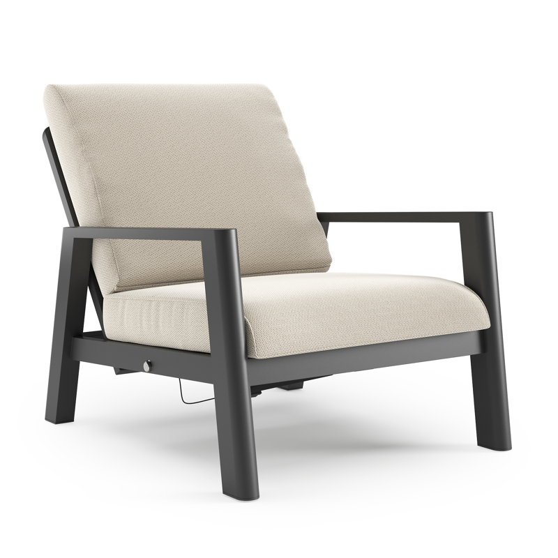 Fauteuil de jardin Cirello en aluminium noir et coussins en all weather sunbrella® luxe lopi marble