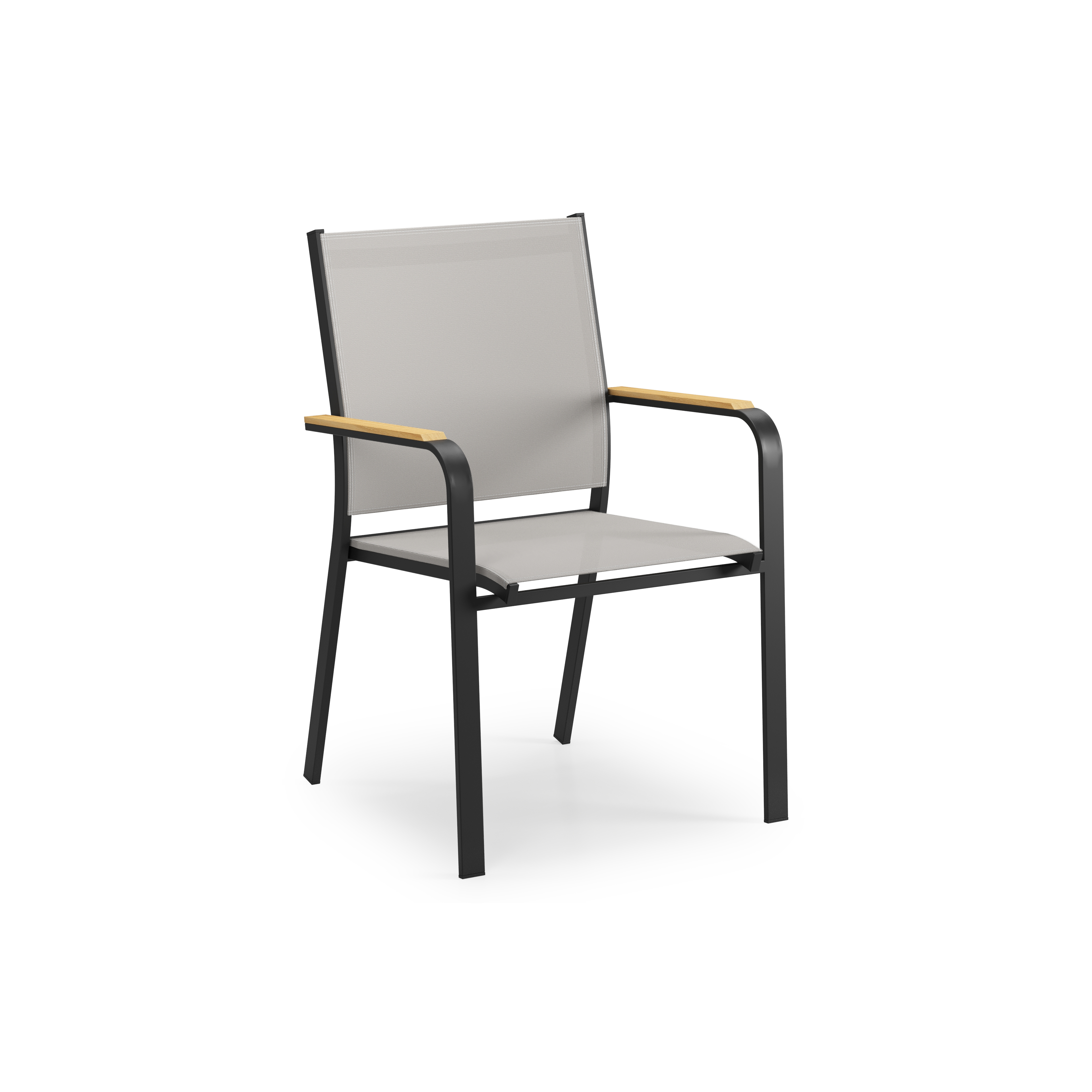 Chaise de jardin empilable Amalfi in aluminium noir et textilène gris et accoudoir en teck armleuning