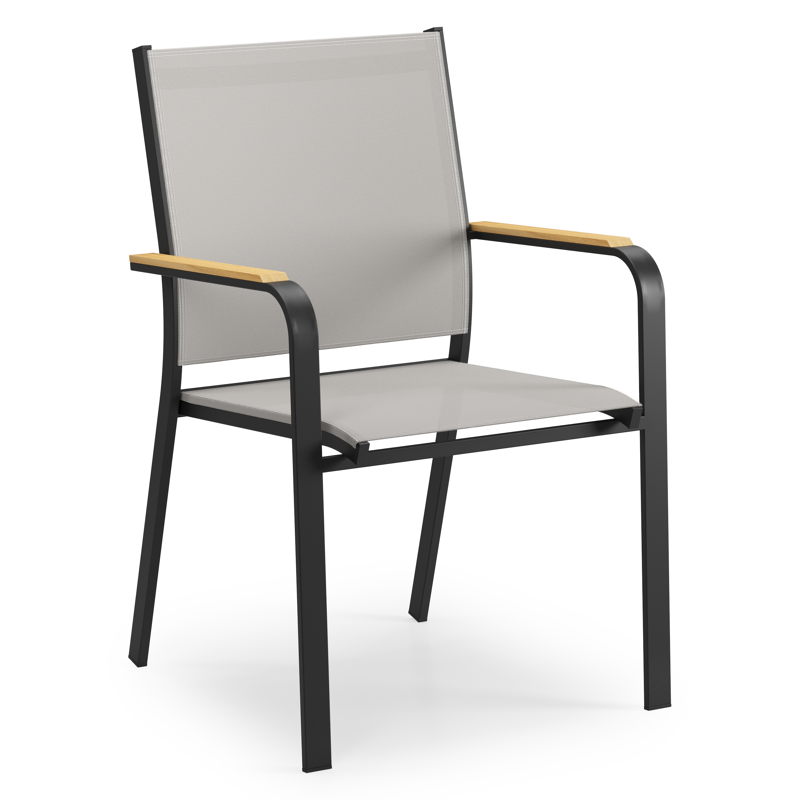 Amalfi stapelbare tuinstoel in zwart aluminium en grijs textilene en teak armleuning