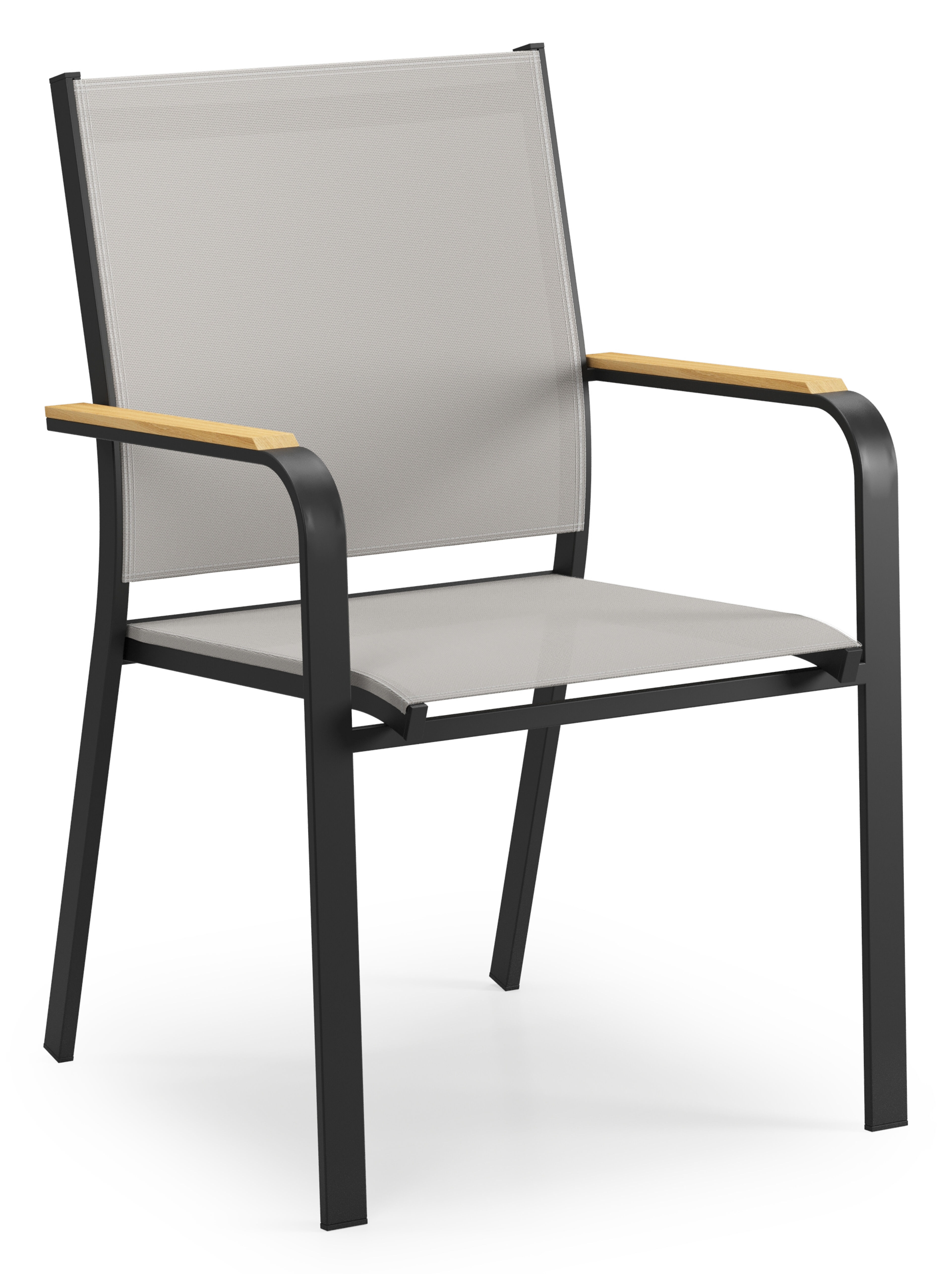 Amalfi stapelbare tuinstoel in zwart aluminium en grijs textilene en teak armleuning