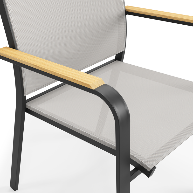 Chaise de jardin empilable Amalfi in aluminium noir et textilène gris et accoudoir en teck armleuning