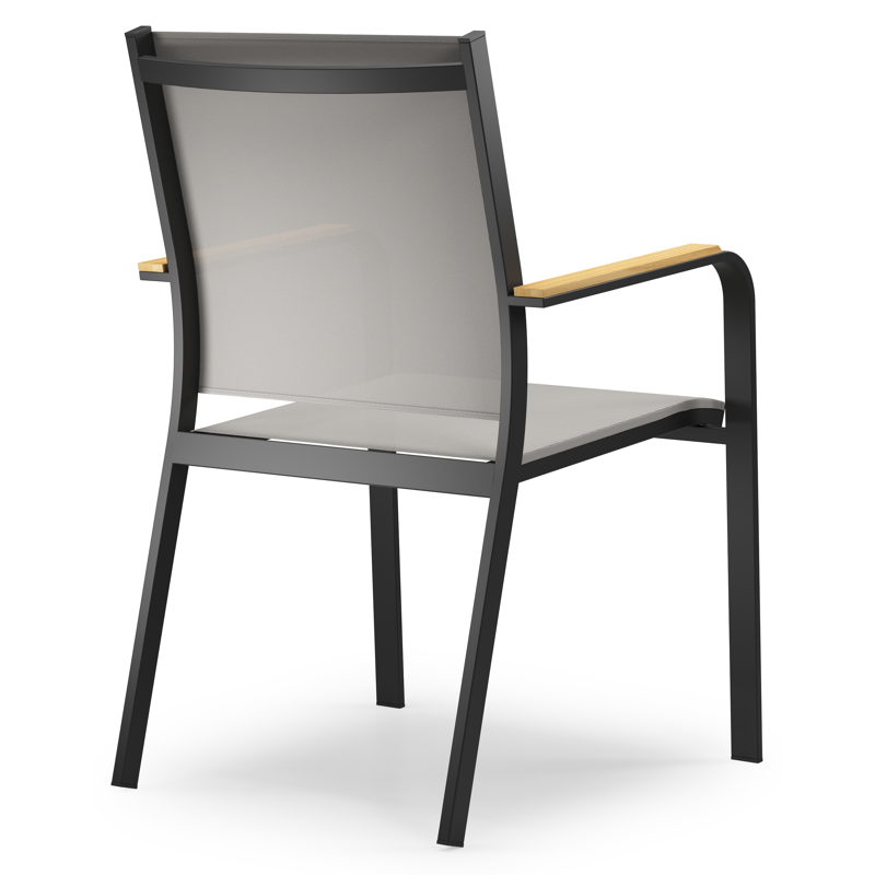 Chaise de jardin empilable Amalfi in aluminium noir et textilène gris et accoudoir en teck armleuning
