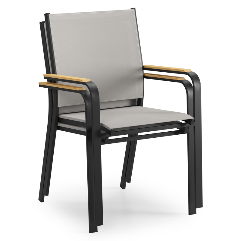 Chaise de jardin empilable Amalfi in aluminium noir et textilène gris et accoudoir en teck armleuning