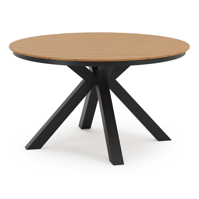 Ensemble de jardin Tora en aluminium noir avec plateau de table en polywood naturel et 4 chaises de jardin Paco