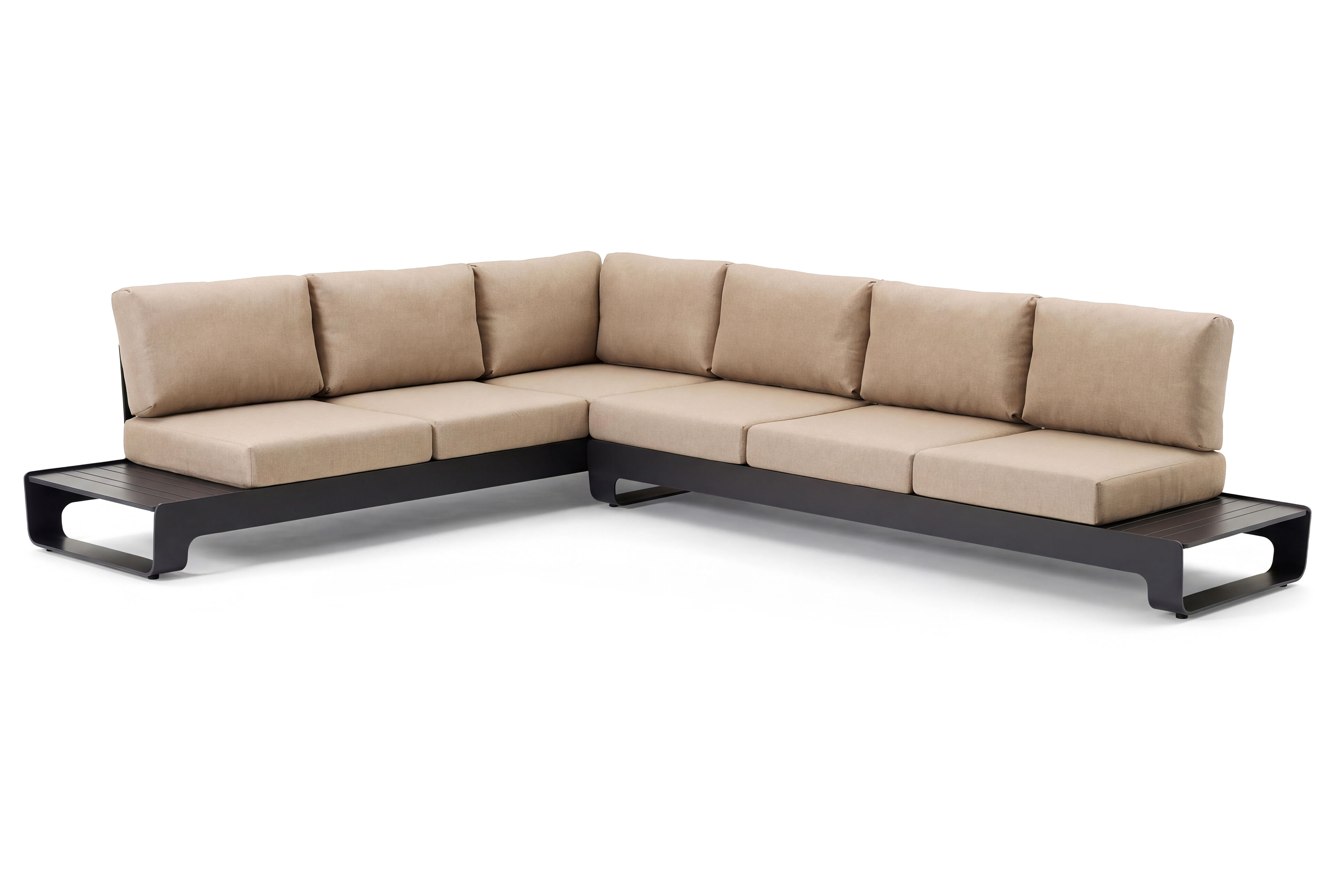Atessa loungeset 3-zit, hoek en 3-zit in zwart aluminium met all weather olefin beige kussens