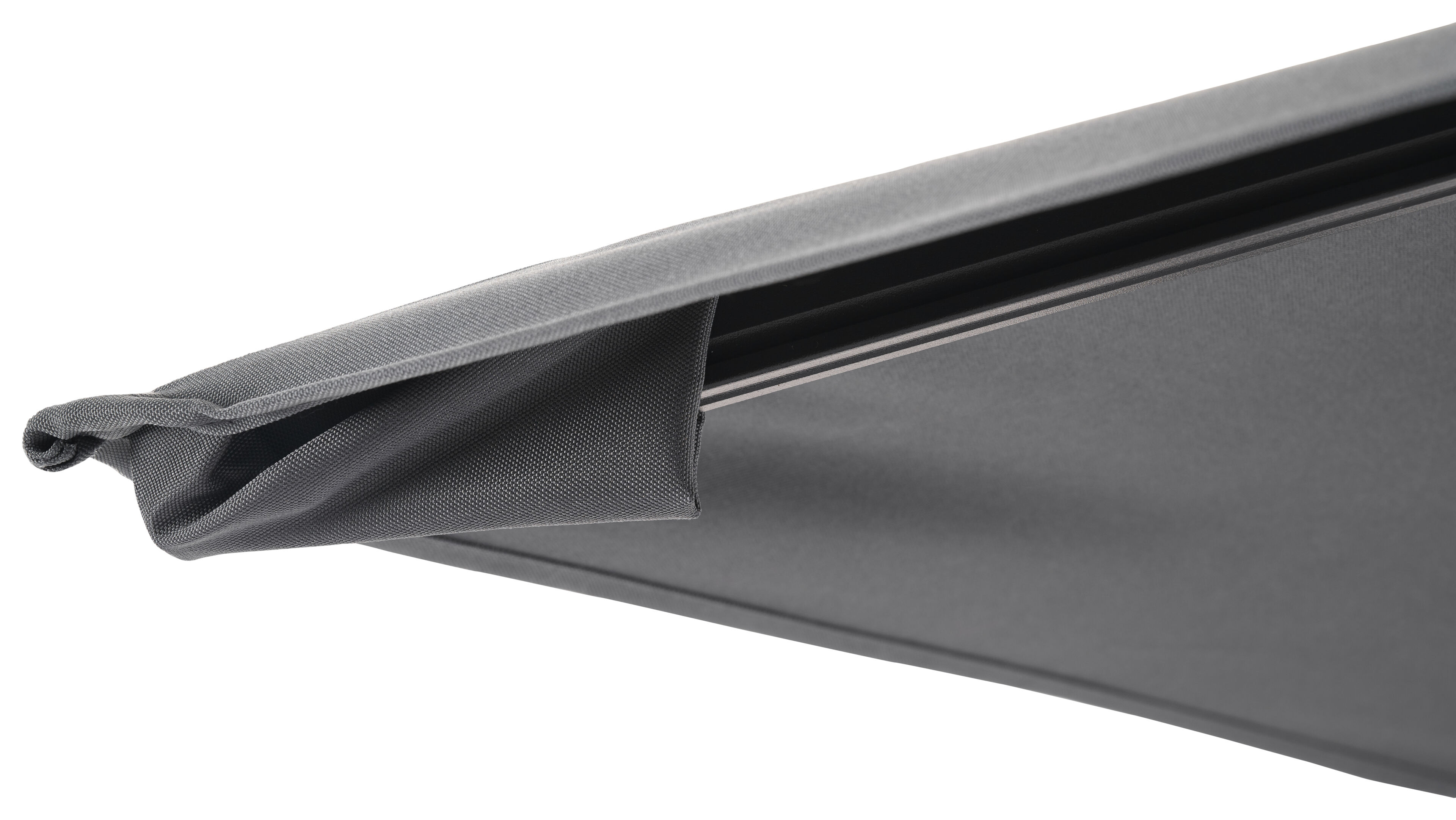 Avola zweefparasol met tiltfunctie in zwart aluminium met grijs All Weather Sunbrella® parasoldoek - L1 200 x L2 300 cm (zonder voet)
