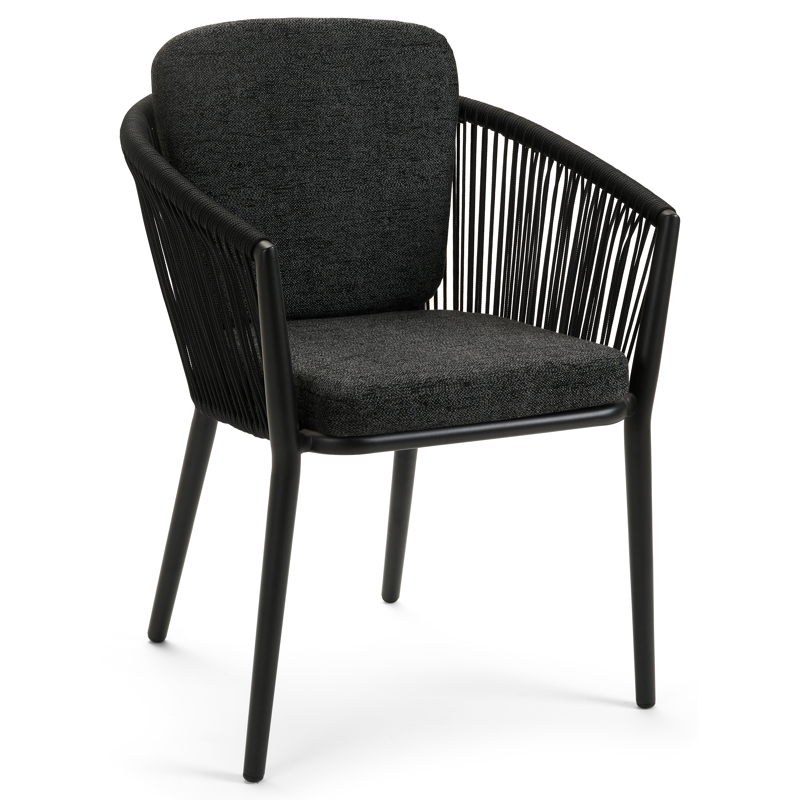 Chaise de jardin Orso in aluminium noir et corde tissée verticalement noir avec coussin en chartres sooty all weather sunbrella® luxe