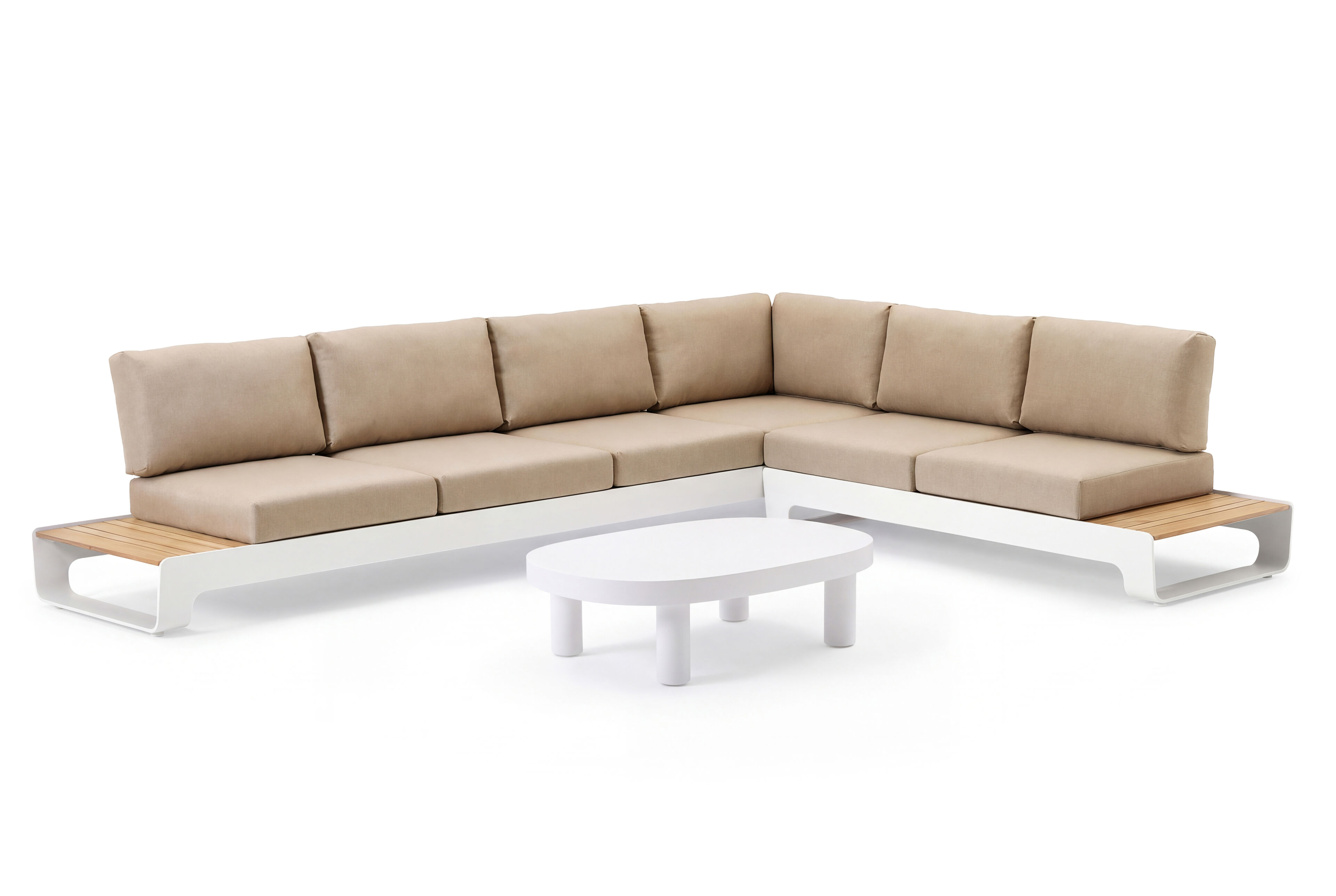 Atessa loungeset 3-zit, hoek en 2-zit in wit aluminium met all weather olefin beige kussens en een Donato loungetafel in wit aluminium