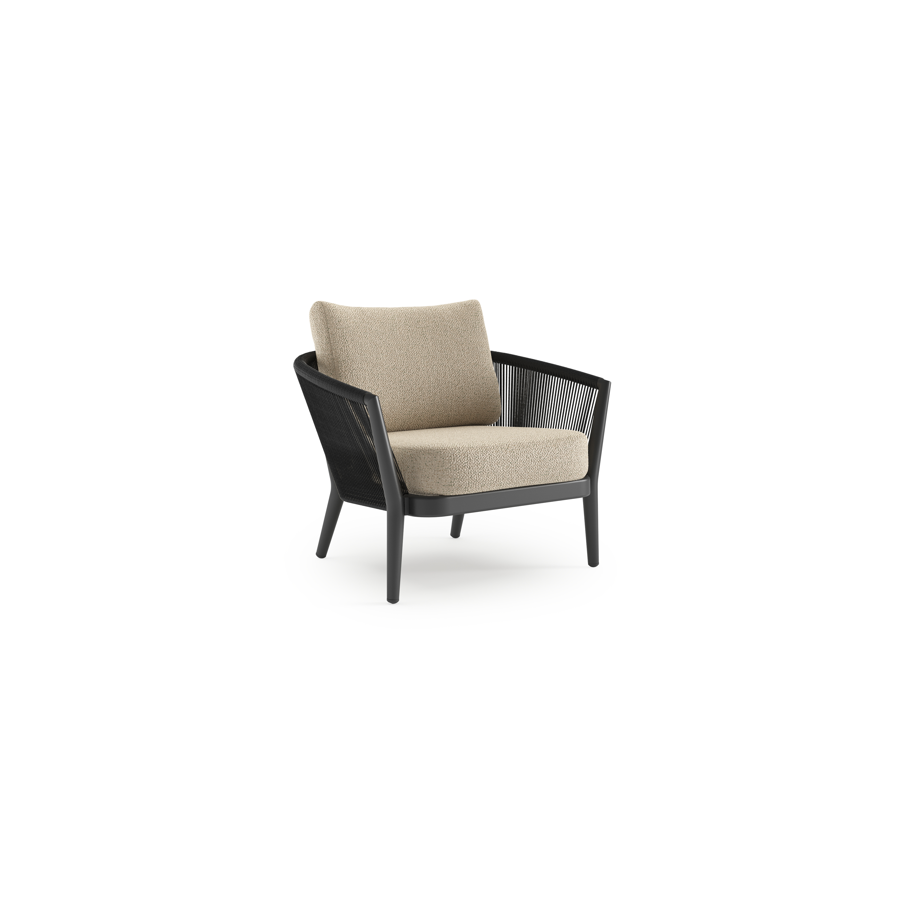 Fauteuil de jardin Orso en aluminium noir en corde ronde tissée verticalement noir et coussins en all weather cosytica Bora Forest