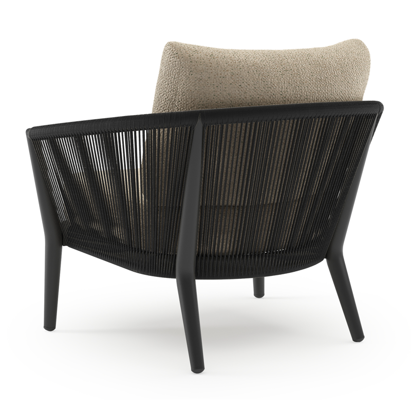 Fauteuil de jardin Orso en aluminium noir en corde ronde tissée verticalement noir et coussins en all weather cosytica Bora Forest