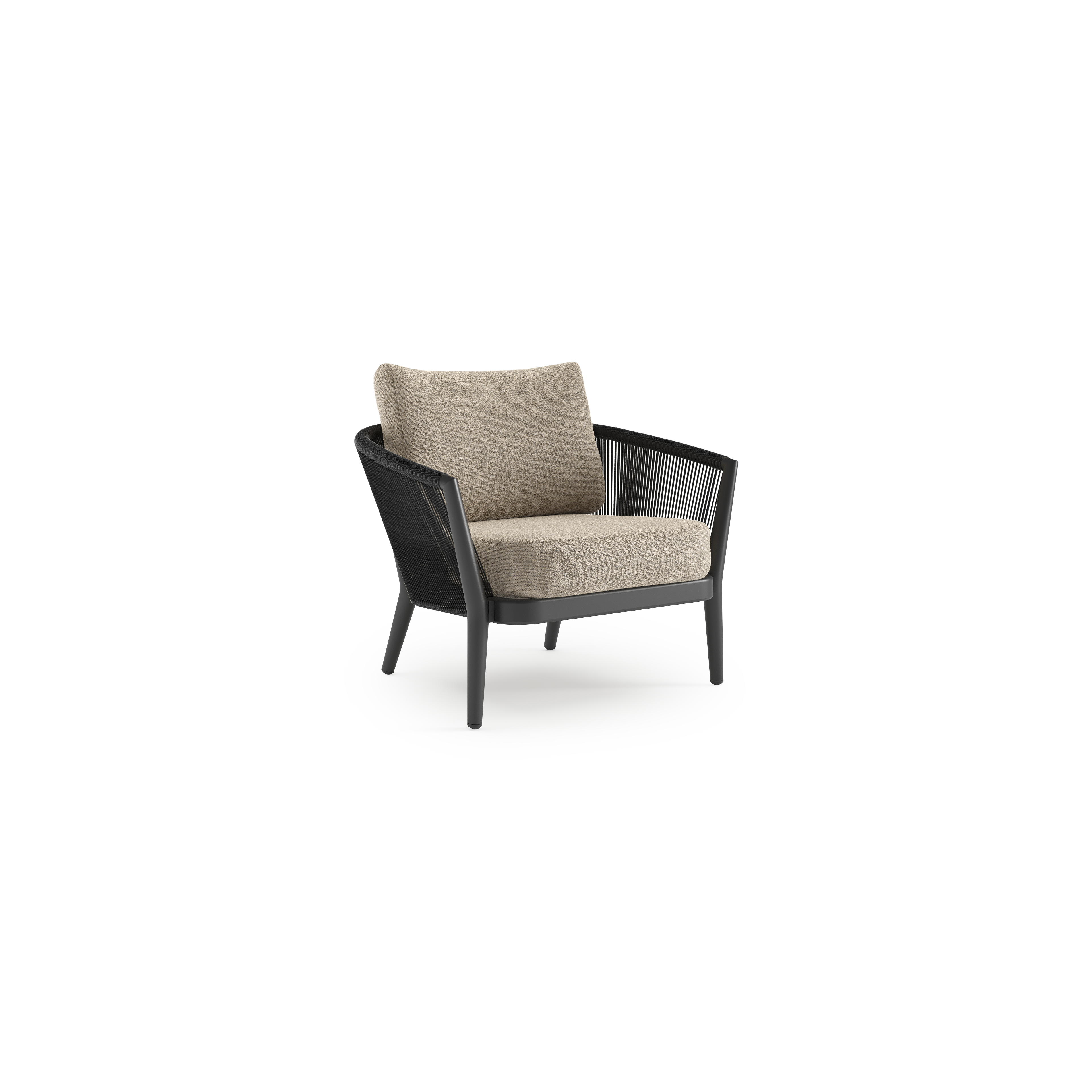 Orso loungestoel in zwart aluminium en zwart verticaal geweven ronde rope met Marbella Beige all weather cosytica kussen