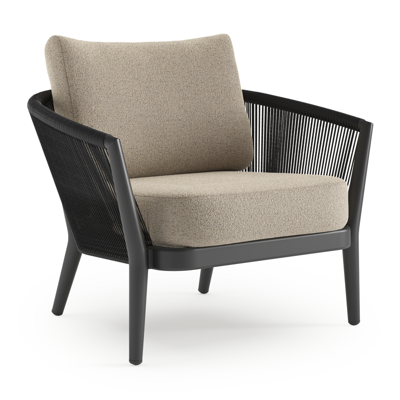 Orso loungestoel in zwart aluminium en zwart verticaal geweven ronde rope met Marbella Beige all weather cosytica kussen