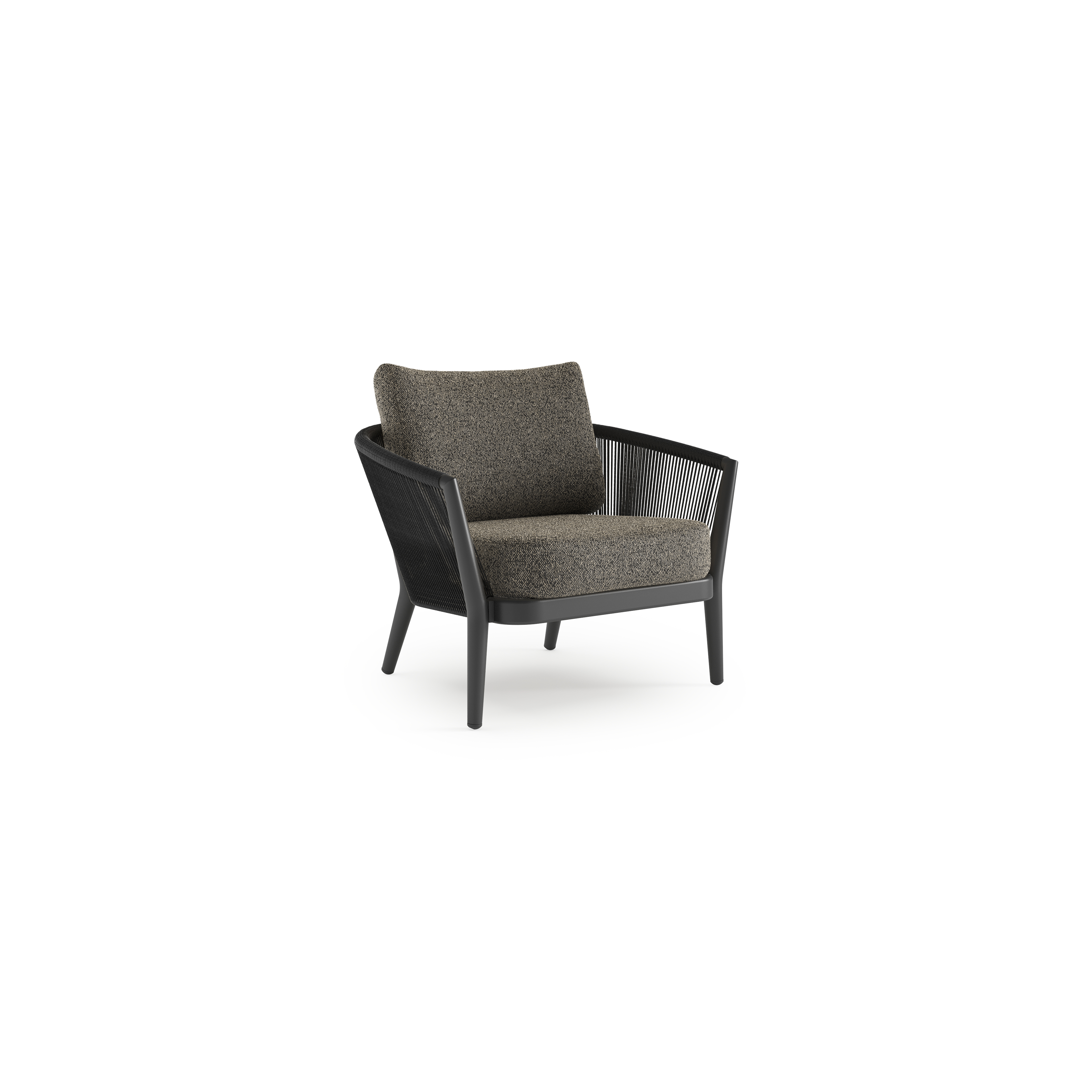 Fauteuil de jardin Orso en aluminium noir en corde ronde tissée verticalement noir et coussins en all weather cosytica Marbella Tunder