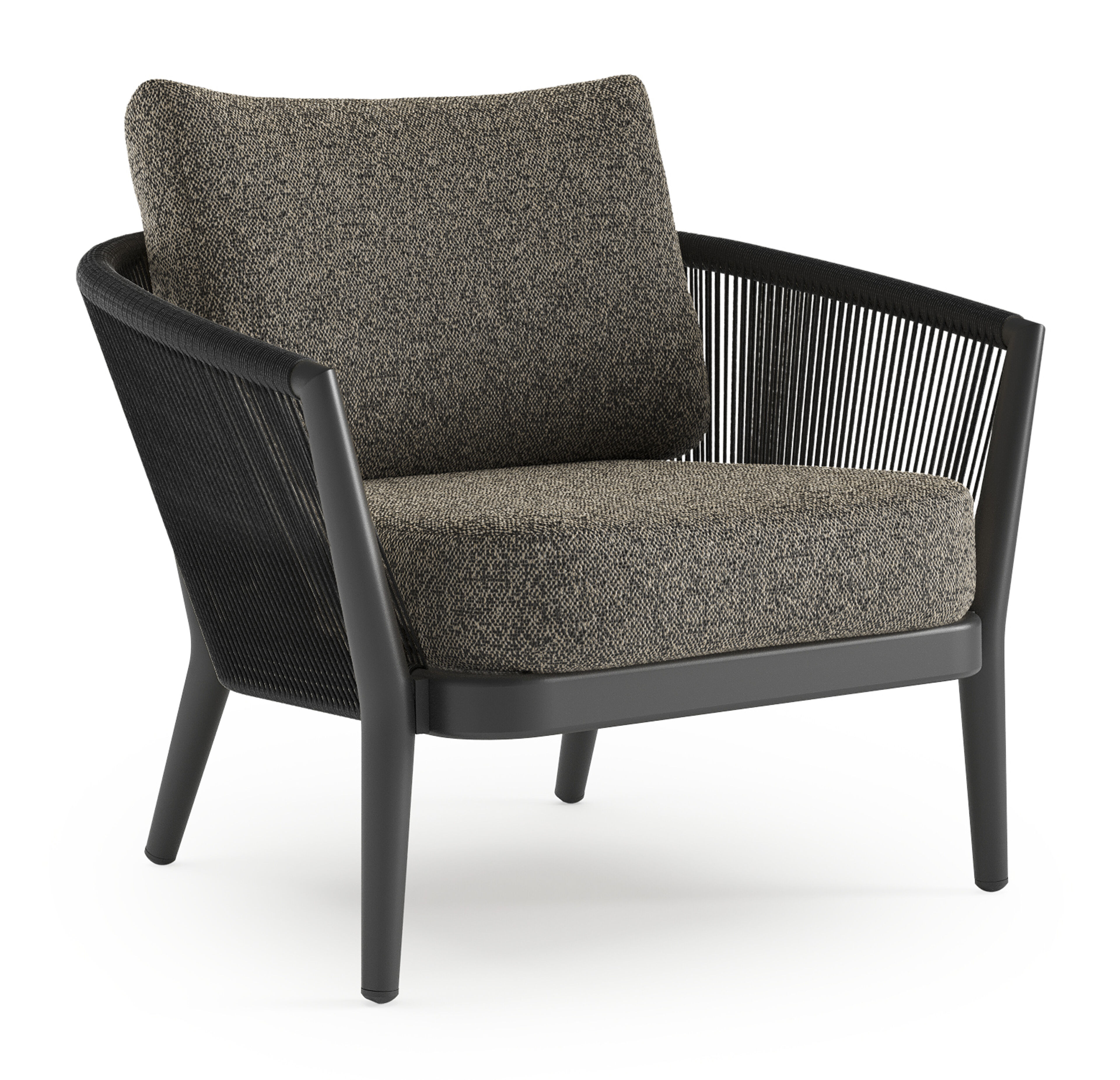 Fauteuil de jardin Orso en aluminium noir en corde ronde tissée verticalement noir et coussins en all weather cosytica Marbella Tunder