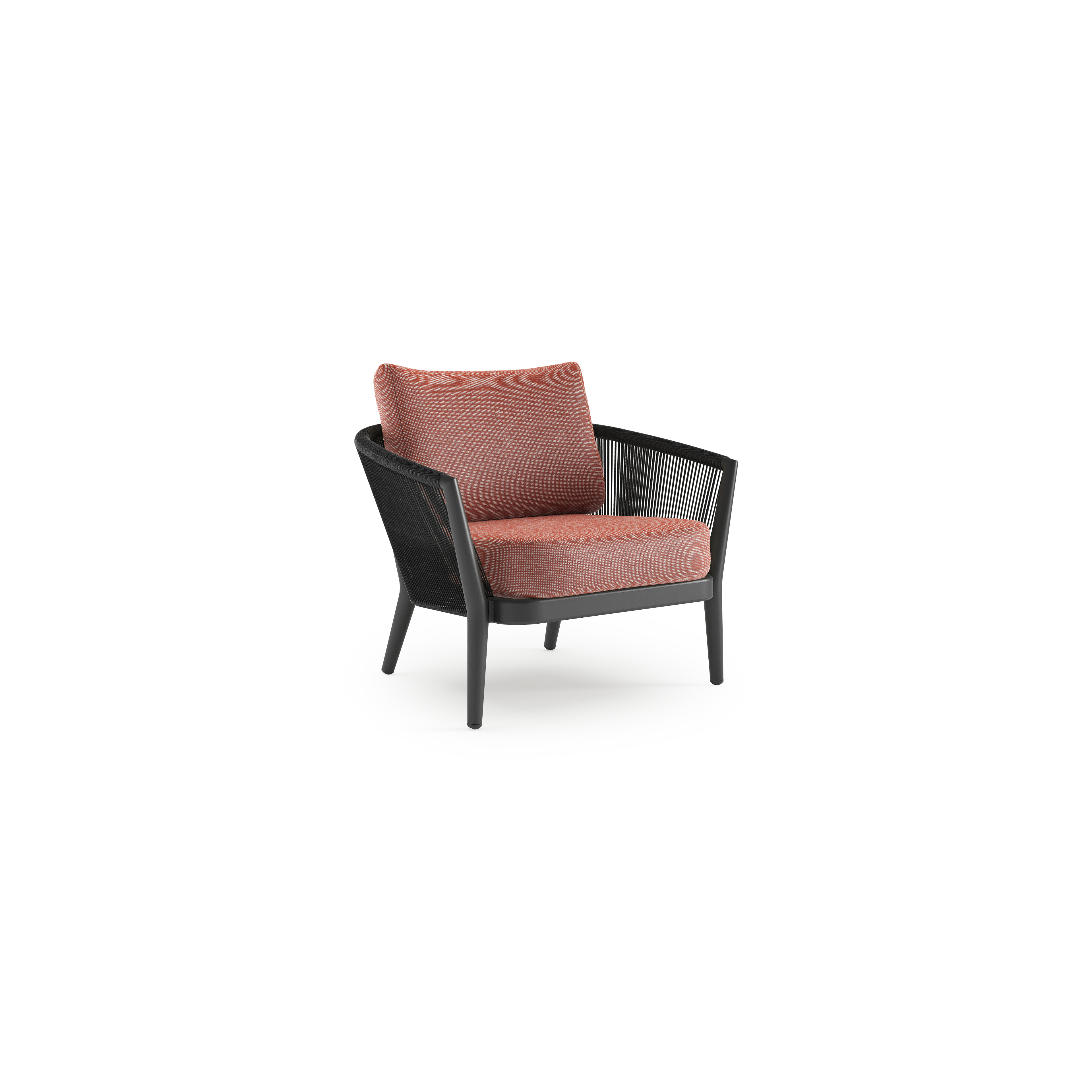 Orso loungestoel in zwart aluminium en zwart verticaal geweven ronde rope met Slow Alezan all weather sunbrella® luxe kussen