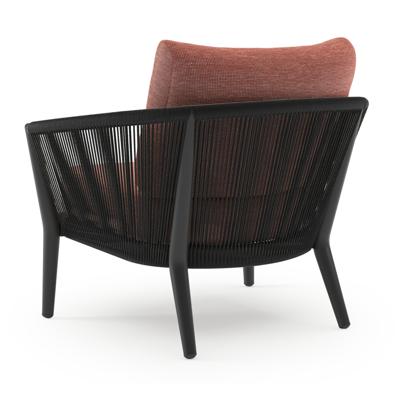 Orso loungestoel in zwart aluminium en zwart verticaal geweven ronde rope met Slow Alezan all weather sunbrella® luxe kussen