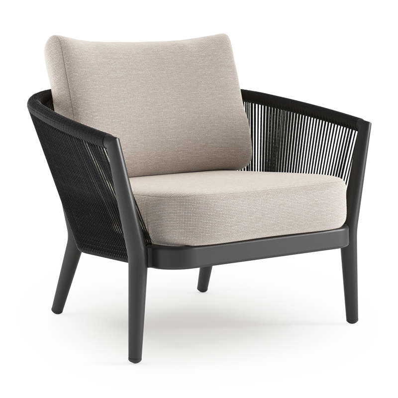 Fauteuil de jardin Orso en aluminium noir en corde ronde tissée verticalement noir et coussins en all weather sunbrella® luxe Slow Farafra