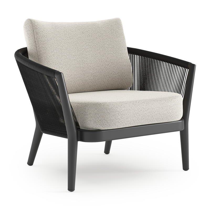 Orso loungestoel in zwart aluminium en zwart verticaal geweven ronde rope met Firenze Natural all weather solica kussen