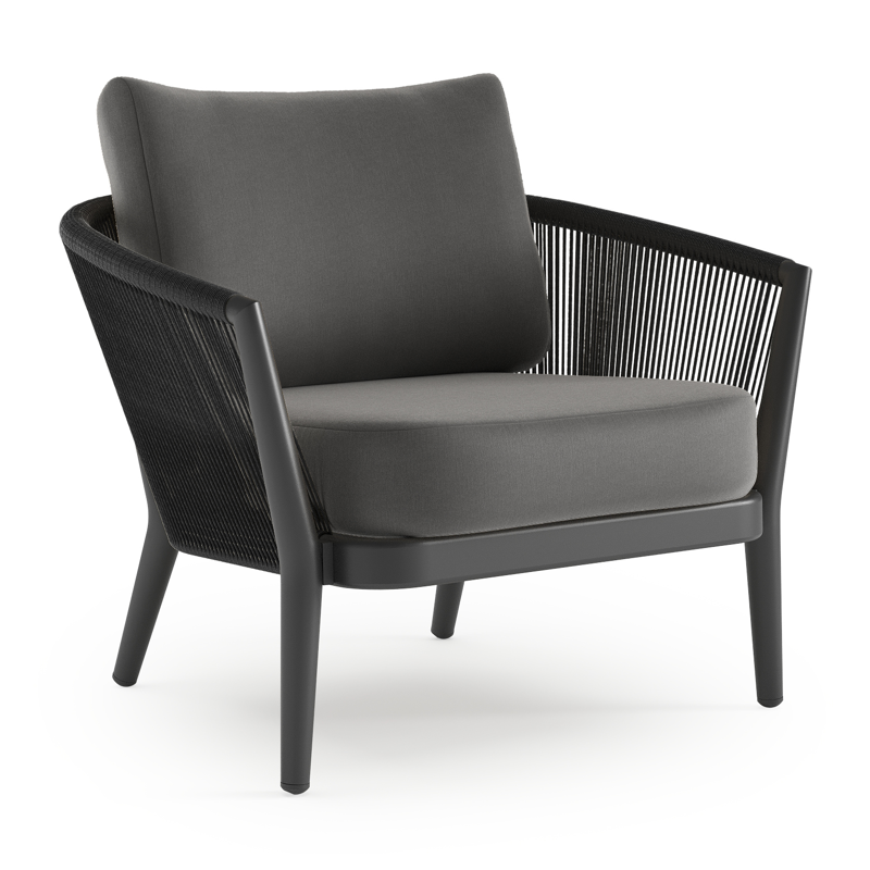 Orso loungestoel 1-zit in zwart aluminium en zwart verticaal geweven ronde rope met natte charcoal chine all weather sunbrella® luxe kussen