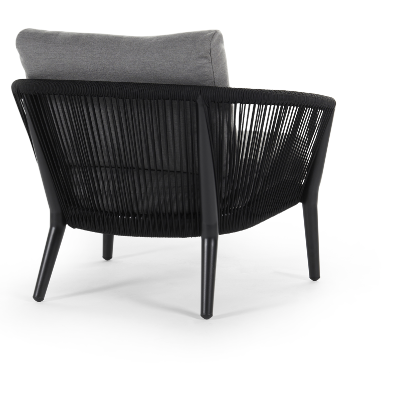 Orso loungestoel 1-zit in zwart aluminium en zwart verticaal geweven ronde rope met natte charcoal chine all weather sunbrella® luxe kussen