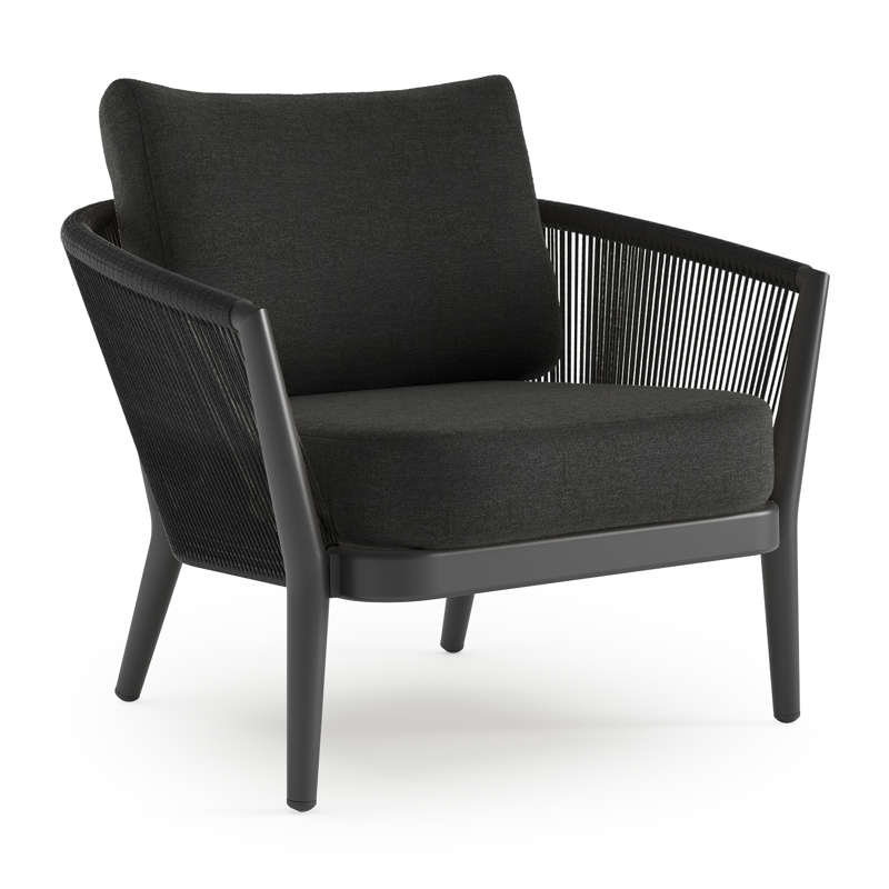Orso loungestoel in zwart aluminium en verticaal geweven ronde rope met chartres sooty all weather sunbrella® luxe kussen