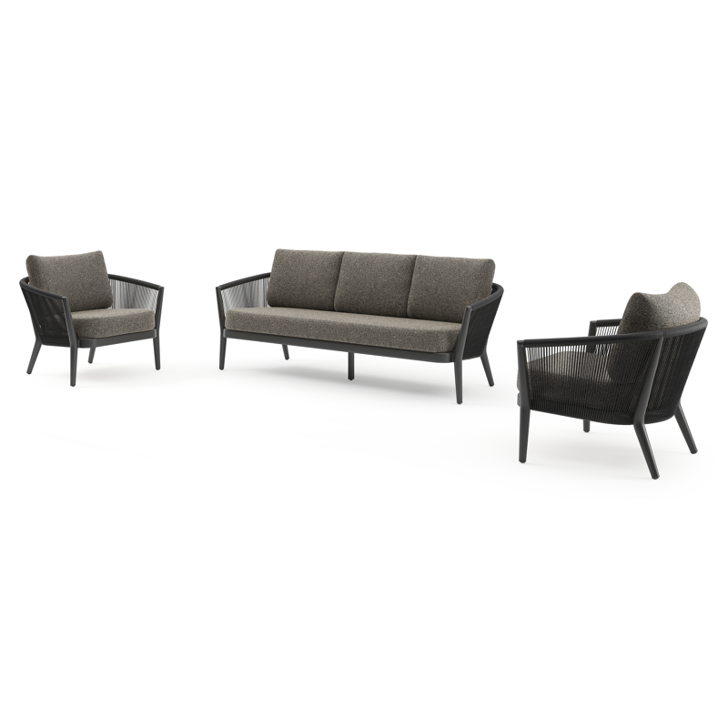 Salon de jardin Orso en aluminium noir en corde ronde tissée verticalement noir et coussins en all weather cosytica Marbella Tunder
