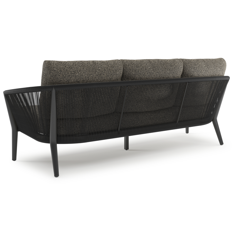 Salon de jardin Orso en aluminium noir en corde ronde tissée verticalement noir et coussins en all weather cosytica Marbella Tunder