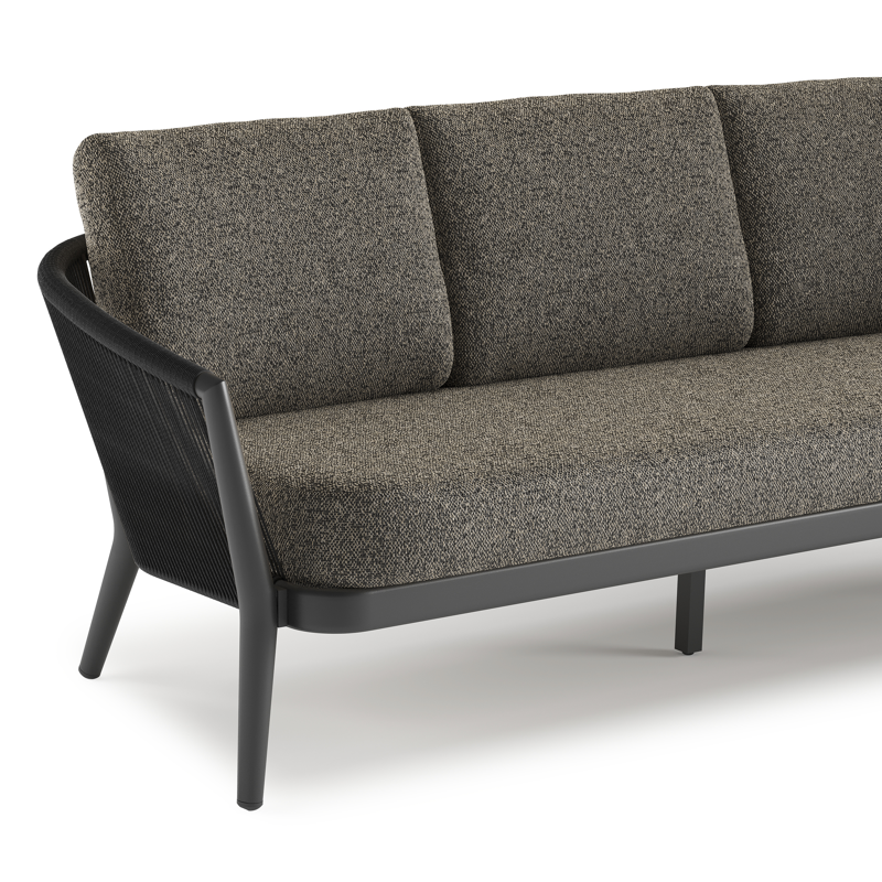 Salon de jardin Orso en aluminium noir en corde ronde tissée verticalement noir et coussins en all weather cosytica Marbella Tunder