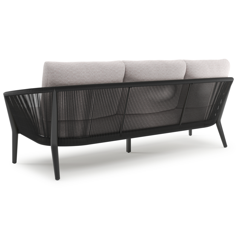 Orso loungeset in zwart aluminium en zwart verticaal geweven ronde rope met Wander Gobi all weather sunbrella® luxe kussen