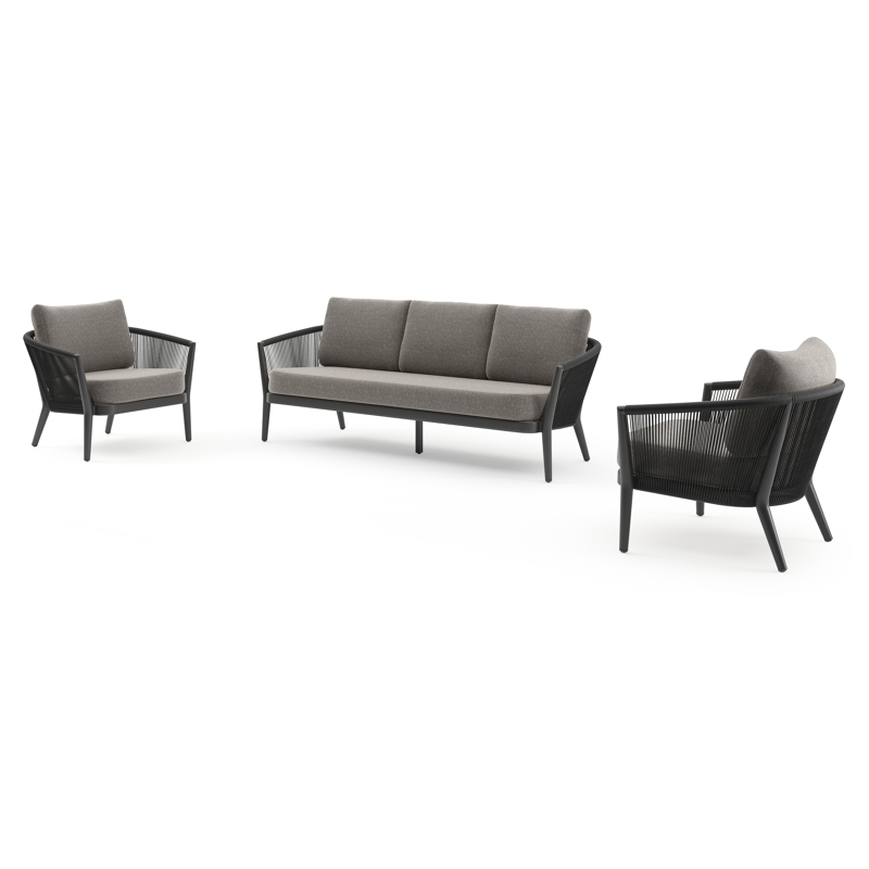 Orso loungeset in zwart aluminium en zwart verticaal geweven ronde rope met Chartres Drizzle all weather sunbrella® luxe kussen