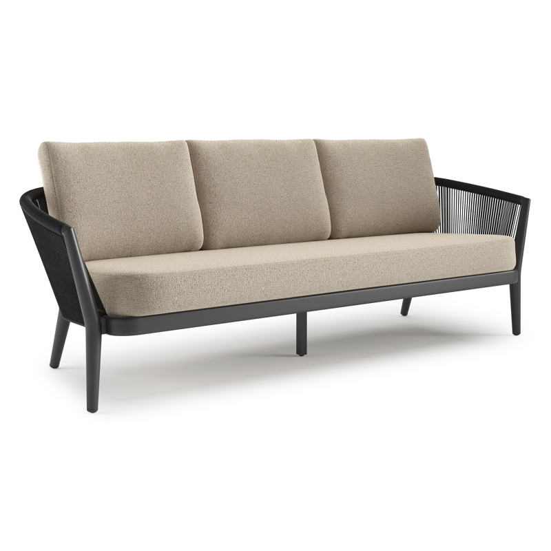 Orso loungebank in zwart aluminium en zwart verticaal geweven ronde rope met Marbella Beige all weather cosytica kussen