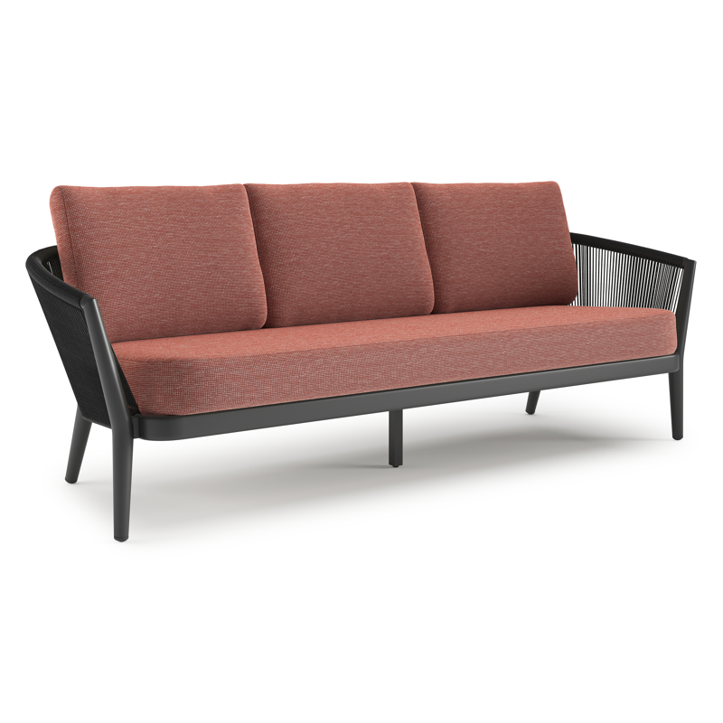 Orso loungebank in zwart aluminium en zwart verticaal geweven ronde rope met Slow Alezan all weather sunbrella® luxe kussen