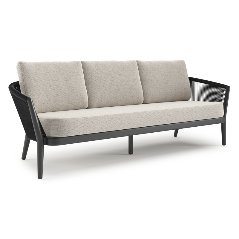 Orso loungebank in zwart aluminium en zwart verticaal geweven ronde rope met Firenze Natural all weather solica kussen