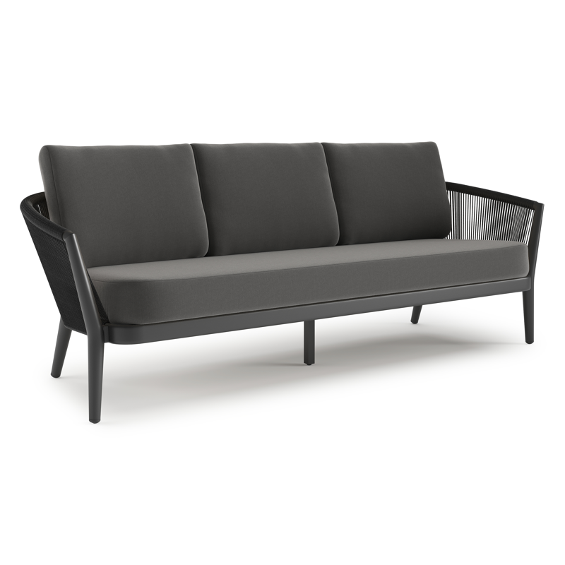 Canapé de jardin Orso en aluminium noir en corde ronde tissée verticalement noir et coussins en all weather sunbrella® luxe Natte Charcoal Chine