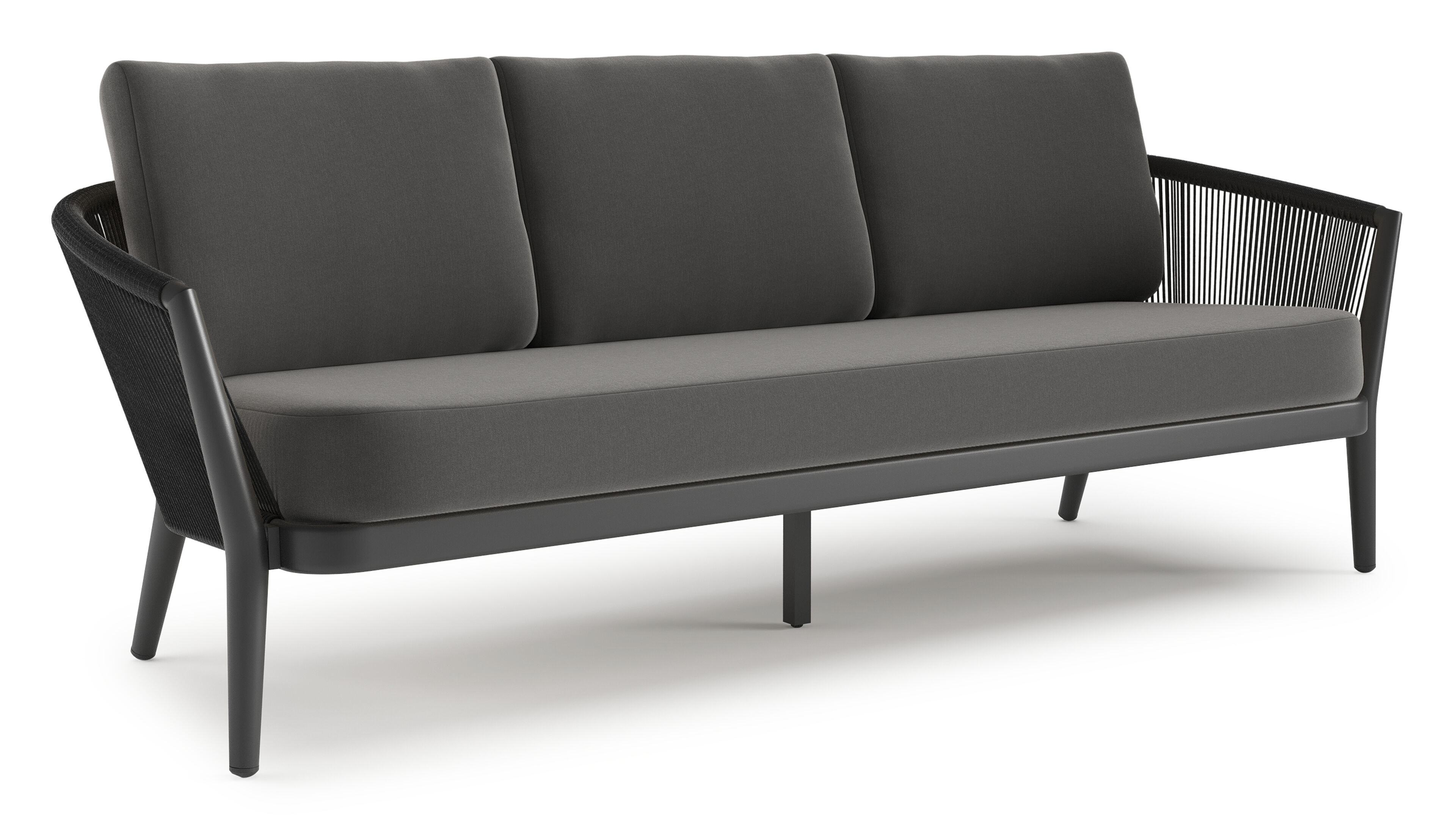 Orso loungebank in zwart aluminium en zwart verticaal geweven ronde rope met Natte Charcoal Chine all weather sunbrella® luxe kussen