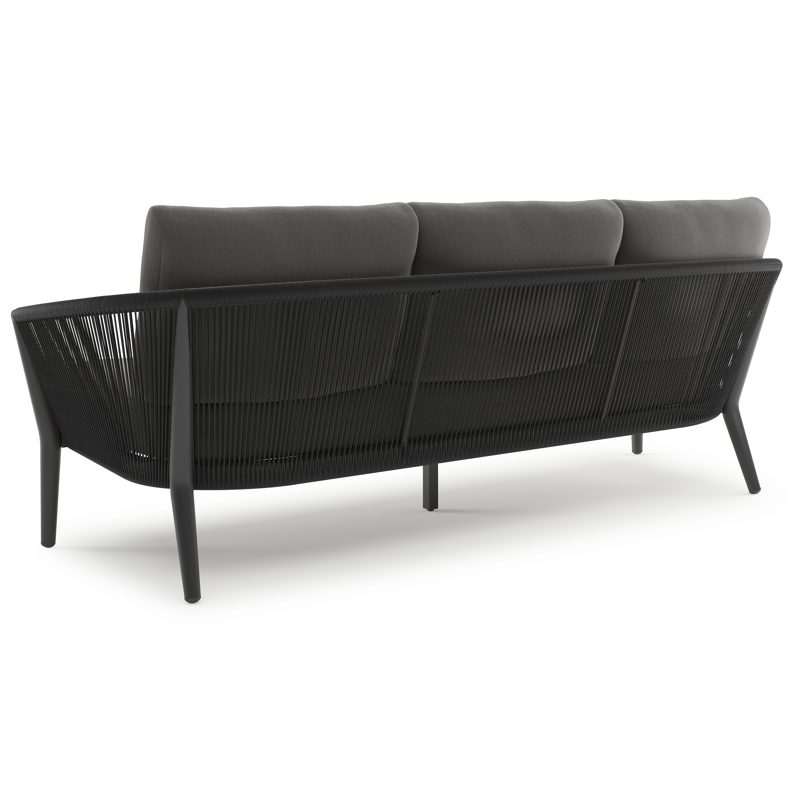 Canapé de jardin Orso en aluminium noir en corde ronde tissée verticalement noir et coussins en all weather sunbrella® luxe Natte Charcoal Chine