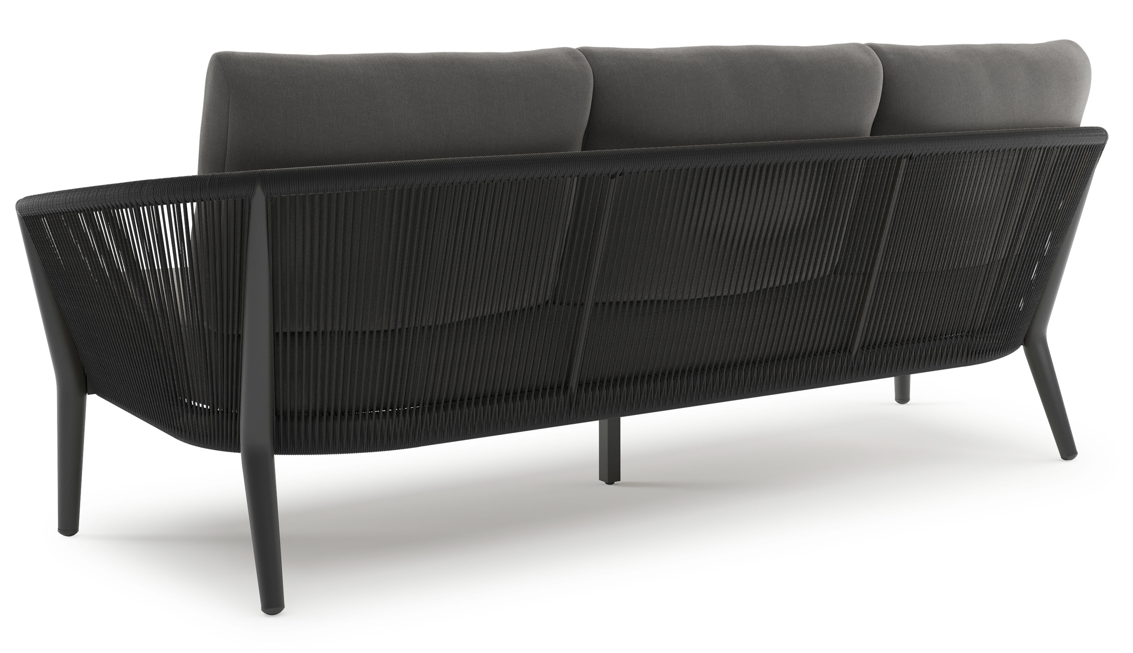 Orso loungebank in zwart aluminium en zwart verticaal geweven ronde rope met Natte Charcoal Chine all weather sunbrella® luxe kussen