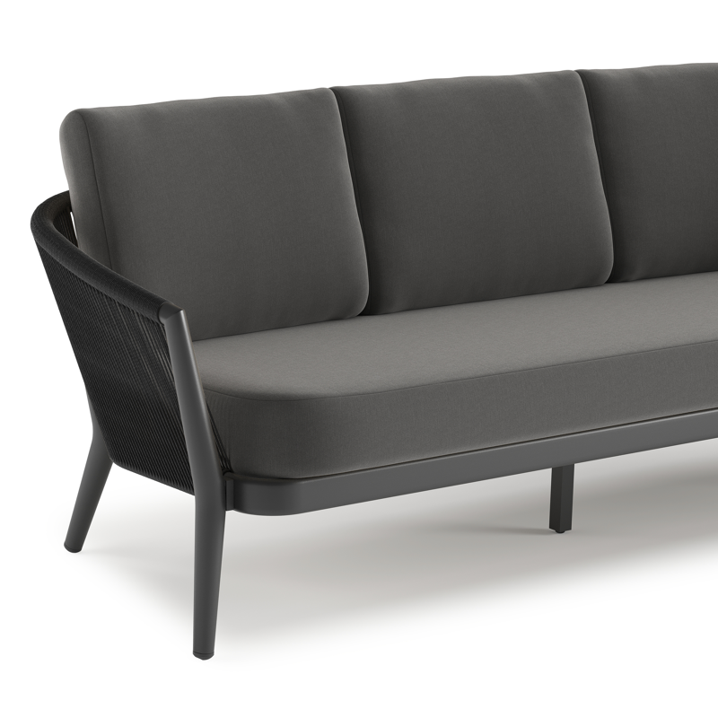 Canapé de jardin Orso en aluminium noir en corde ronde tissée verticalement noir et coussins en all weather sunbrella® luxe Natte Charcoal Chine