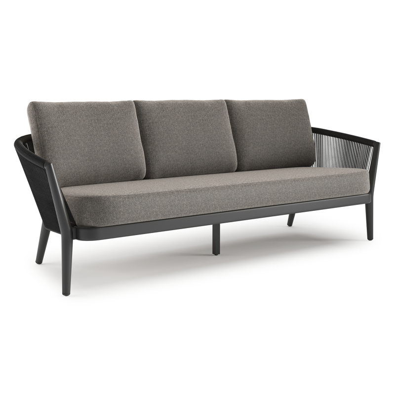 Orso loungebank in zwart aluminium en zwart verticaal geweven ronde rope met Chartres Drizzle all weather sunbrella® luxe kussen
