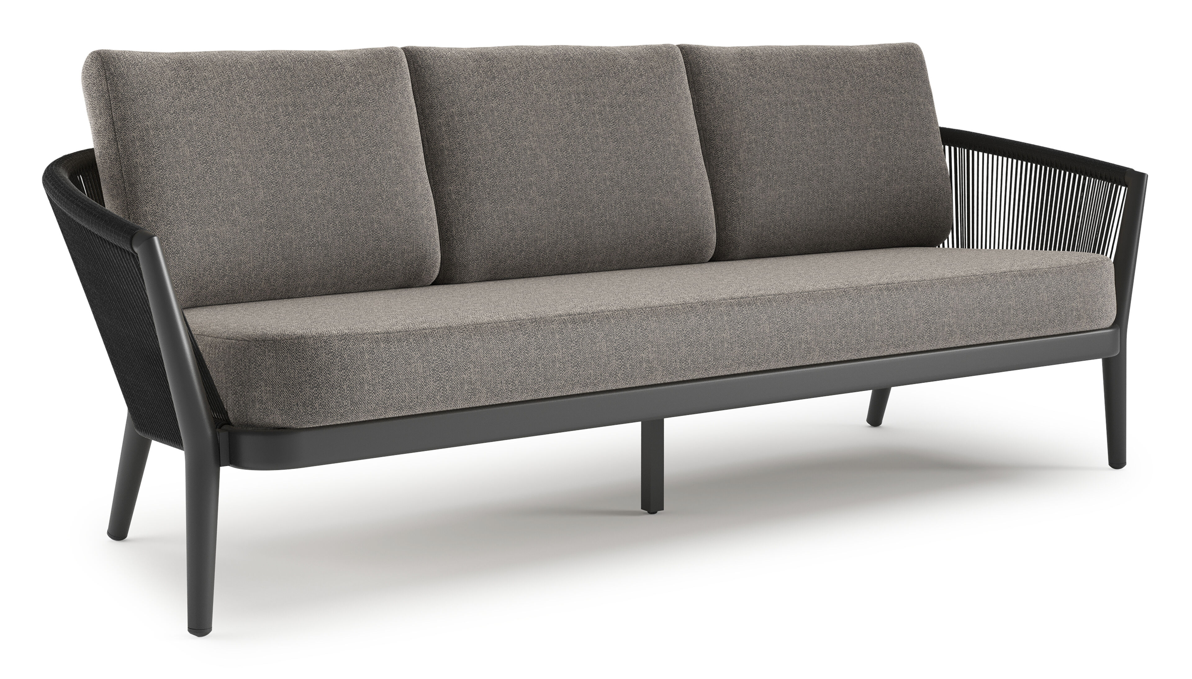 Orso loungebank in zwart aluminium en zwart verticaal geweven ronde rope met Chartres Drizzle all weather sunbrella® luxe kussen