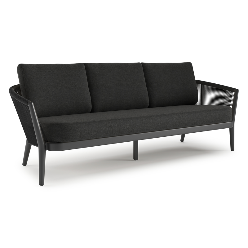 Orso loungebank in zwart aluminium en zwart verticaal geweven ronde rope met Chartres Sooty all weather sunbrella® luxe kussen